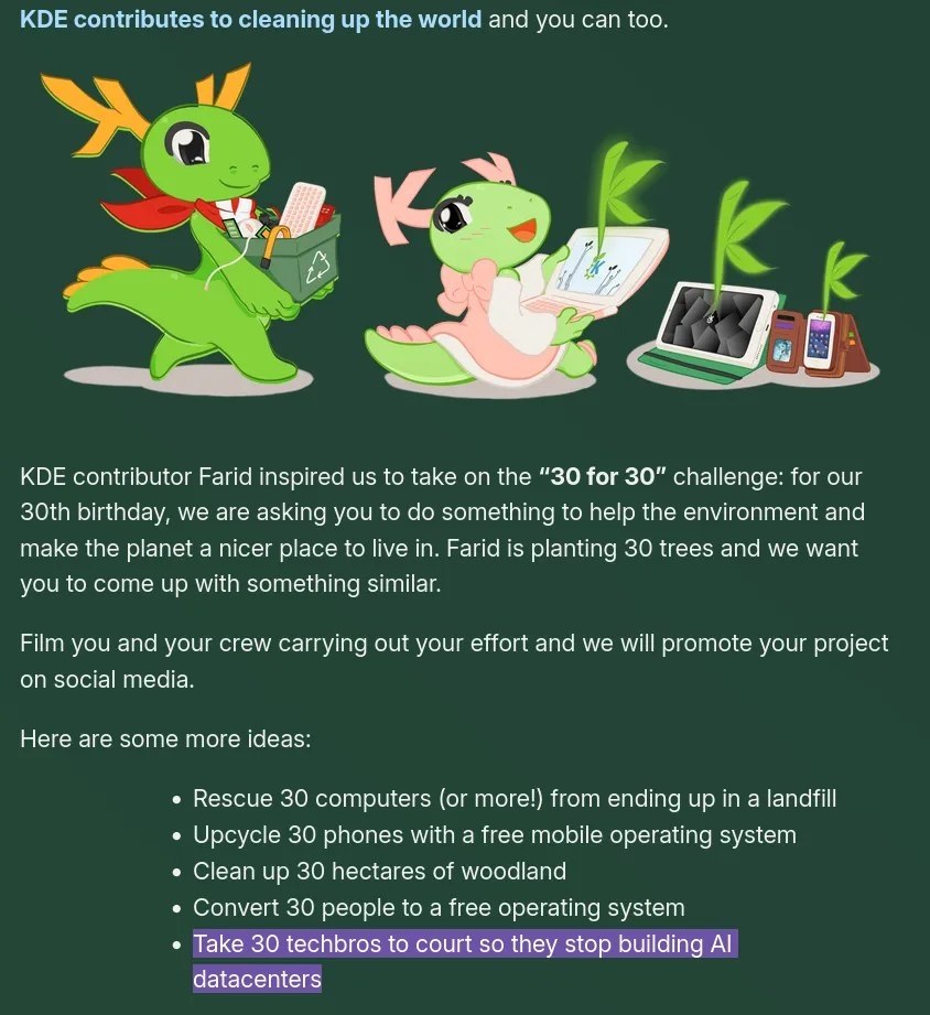 KDE contributes to cleaning up the world and you can too. Я KDE contributor Farid inspired to take the “30 for 30” challenge: for our birthday, we are asking you to something to help the environment a