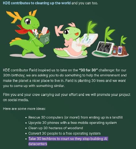 KDE contributes to cleaning up the world and you can too. Я KDE contributor Farid inspired to take the “30 for 30” challenge: for our birthday, we are asking you to something to help the environment a