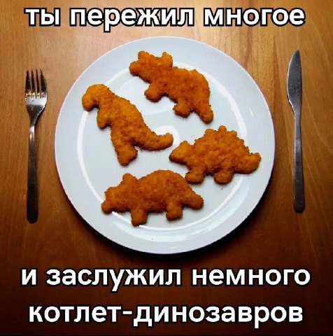 ты пережилумногое и заслужил немного котлет-динозавров