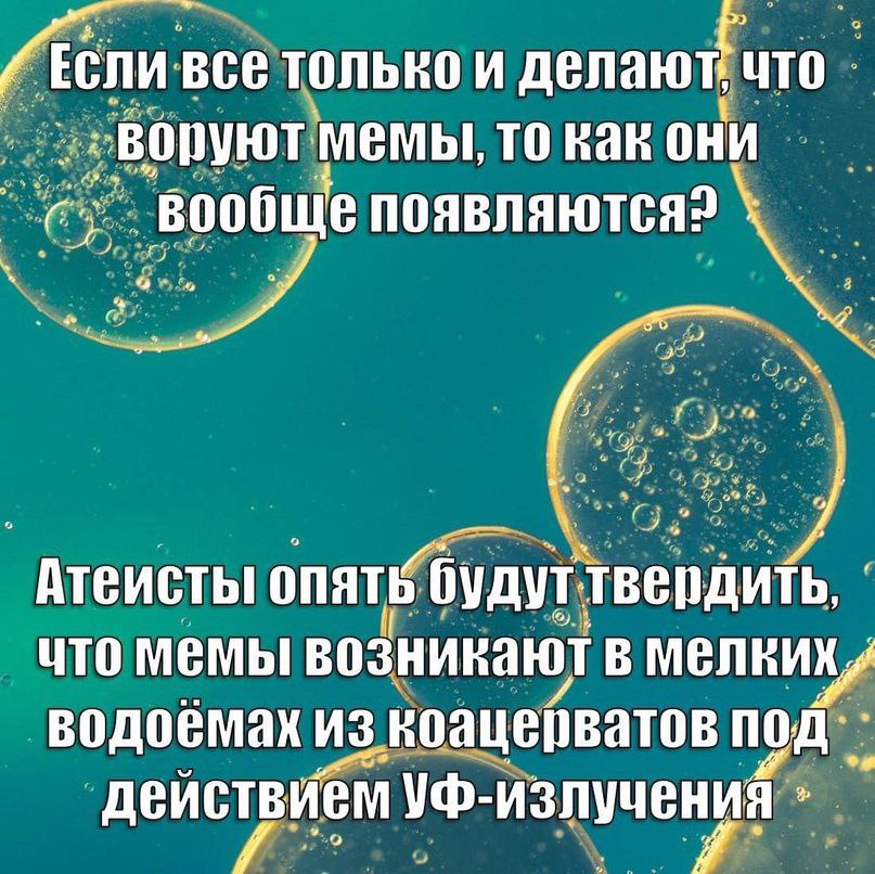 все только и делают что ‚Воруют мемы, то как они вообще будут что мемы возникают в водоемах из коацерватов под. УФ-излучения