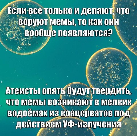 все только и делают что ‚Воруют мемы, то как они вообще будут что мемы возникают в водоемах из коацерватов под. УФ-излучения