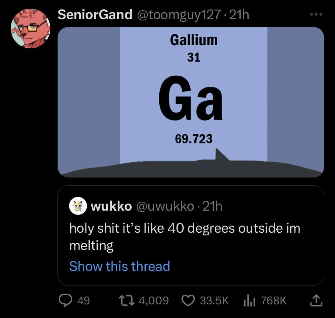 SeniorGand 218 Gallium 31 69.723 wukko @uwukko holy shit it’s like 40 degrees outside melting Show this thread 49 11 4,009