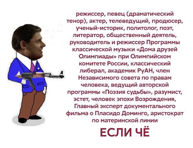 режиссер, певец (драматический тенор), актер, телеведущий, продюсер, ученый-историк, политолог, поэт, литератор, общественный деятель, руководитель и режиссер Программы классической музыки «Дома друзе