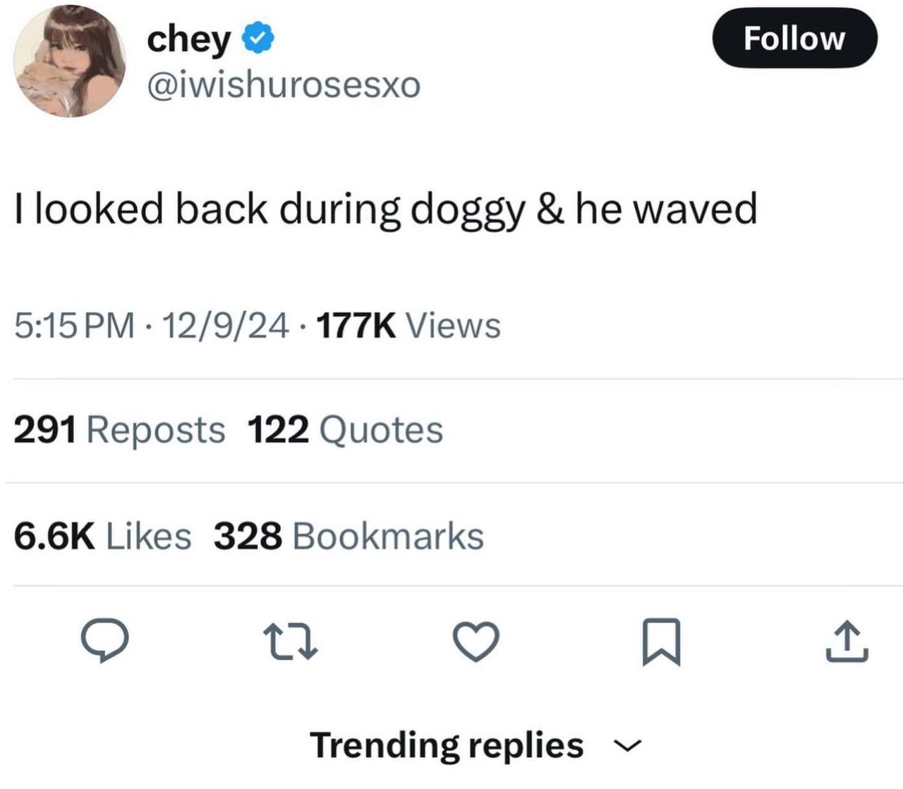 chey Роном @iwishurosesxo looked back during doggy he waved 5:15 12/9/24 Views 291 Reposts 122 Quotes Likes 328 Bookmarks Trending replies