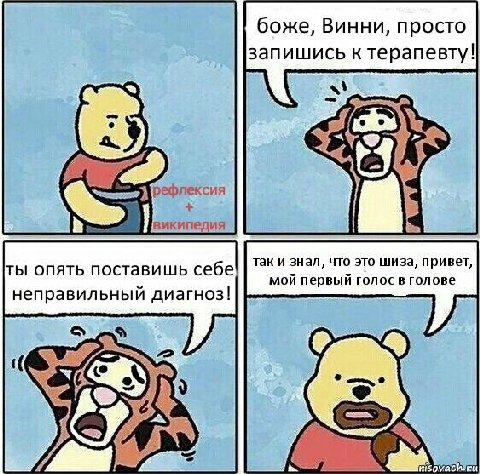 боже, Винни, просто запишись к терапевту! рефлексия википедия ты опять поставишь себе так и знал, что это шиза, привет, мой первый голос в голове неправильный диагноз!