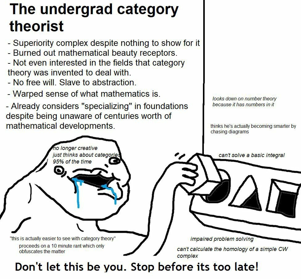 The undergrad category theorist Superiority complex despite nothing to show for it Burned out mathematical beauty receptors Not even interested in the fields that category theory was invented to deal 