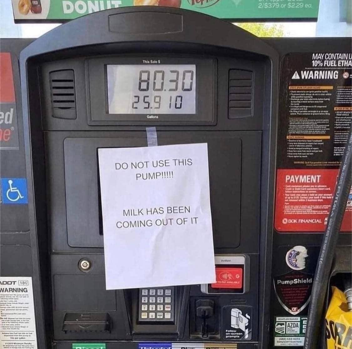 МАЕ 10% FUEL ETHA AWARNING NOT USE THIS PAYMENT MILK HAS BEEN COMING OUT OF IT