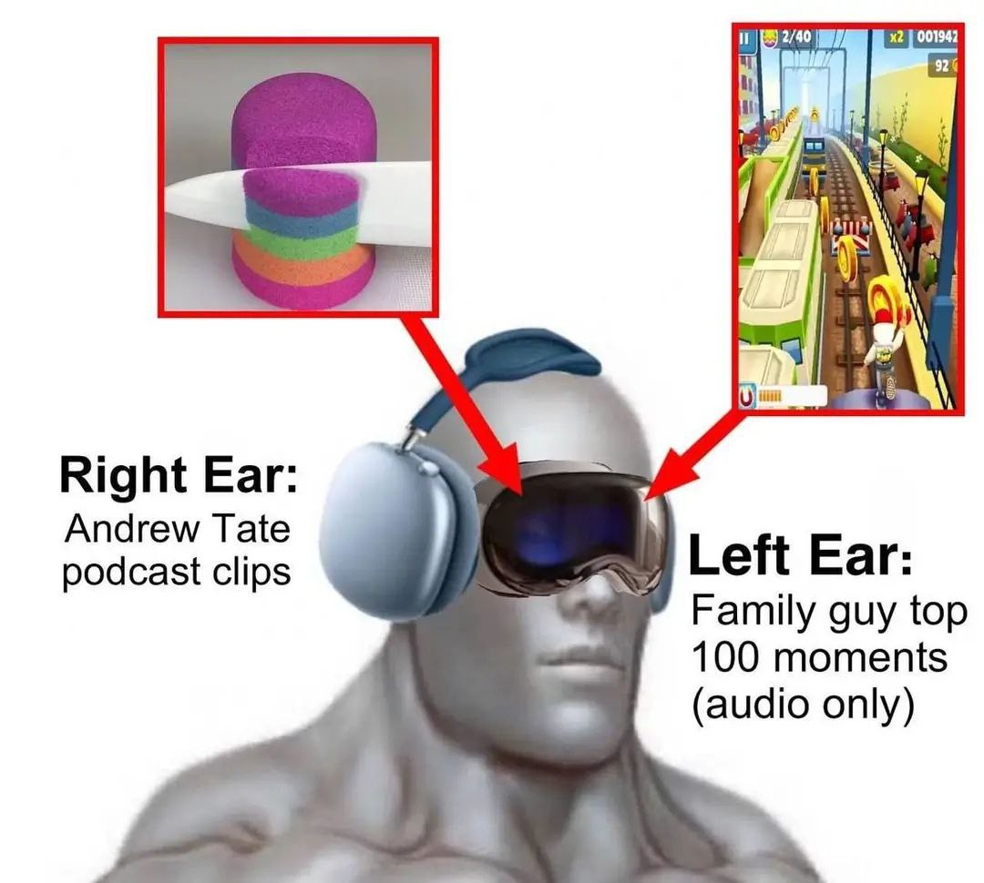 Right Ear: Andrew Tate podcast clips Left Ear: Family guy top 100 moments (audio only)