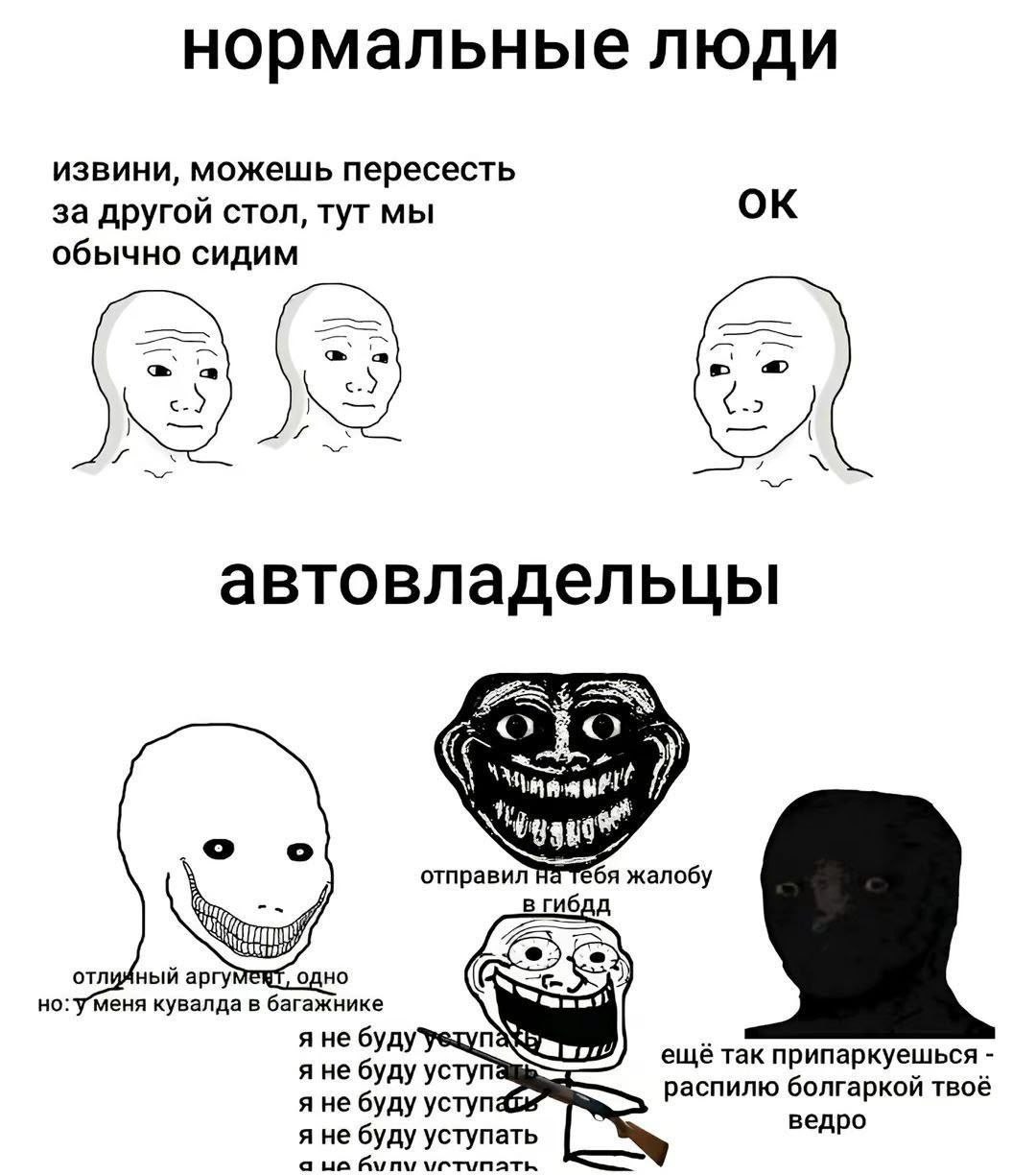 нормальные люди извини, можешь пересесть за другой стол, тут мы обычно сидим автовладельцы 7 о о отправил жалобу в гибдд аргу! одно меня кувалда в багажнике я не я не буду уступ еще так припаркуешься 