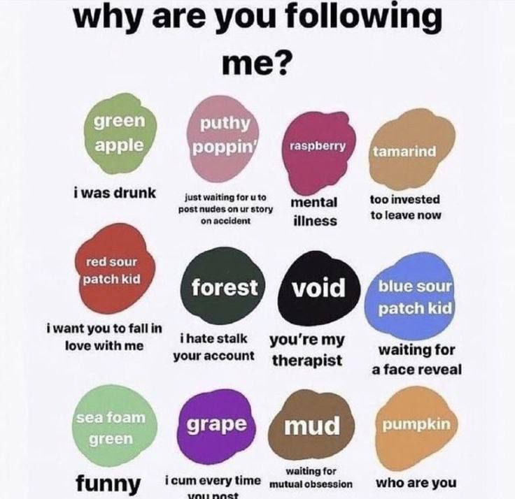 why are you following me? ‘green puthy apple poppin; raspberry foruto mental too invested iliness now red sour patch kid blue sour patch kid i want you to fallin love with у waiting for therapist a fa