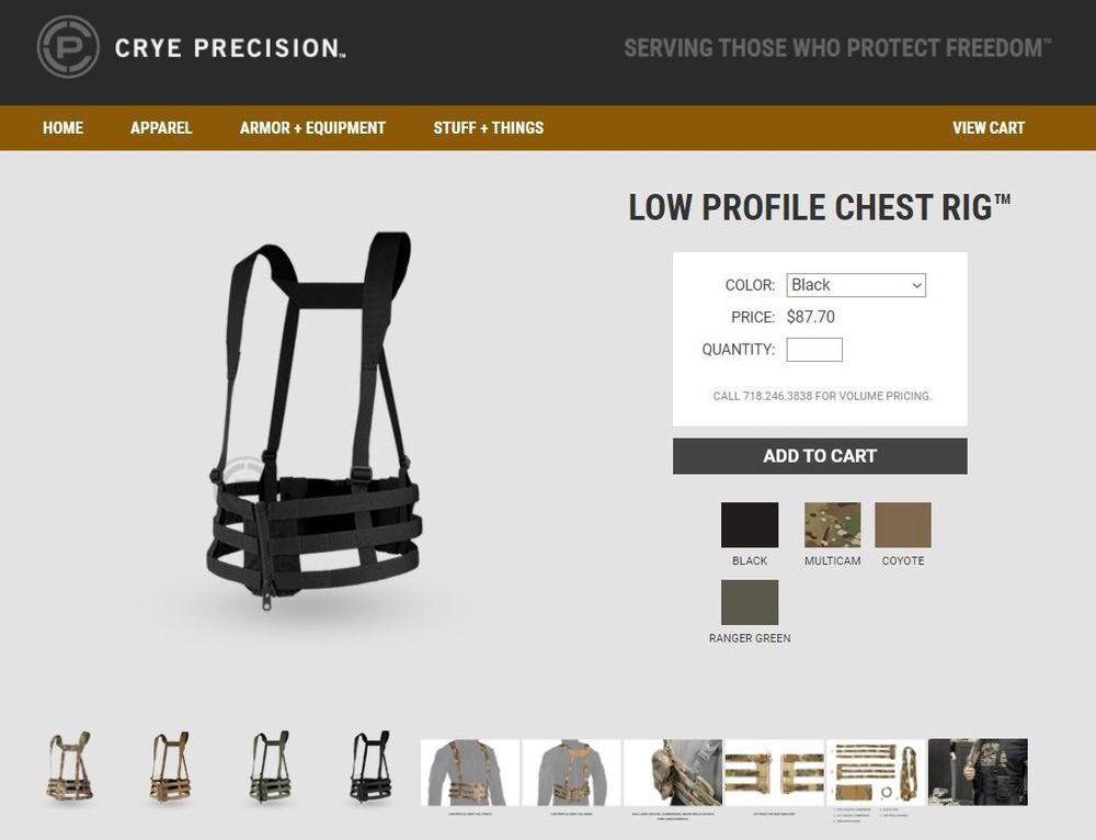 CRYE PRECISION. HOME APPAREL ARMOR EQUIPMENT STUFF THINGS VIEW CART LOW PROFILE CHEST RIG™ COLOR: Black У PRICE: $87.70 QUANTITY: BLACK MULTICAM COYOTE RANGER GREEN о