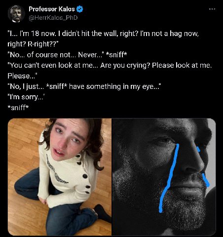 Professor Kalos @HerrKalos_PhD 18 now. didn't hit the wall, right? not a hag now, right? R-right??" "No... of course not... Never..." *sniff* "You can't even look at me... Are you crying? Please look 