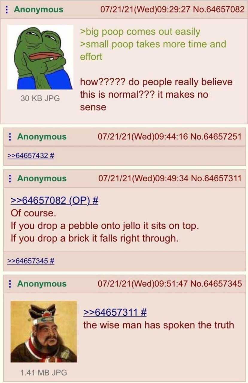 Anonymous 07/21/21(Wed)09:29:27 No.64657082 >big poop comes out easily >small poop takes more time and effort how????? people really believe this is normal??? it makes no 30 JPG sense Anonymous 07/21/