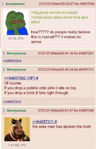 Anonymous 07/21/21(Wed)09:29:27 No.64657082 >big poop comes out easily >small poop takes more time and effort how????? people really believe this is normal??? it makes no 30 JPG sense Anonymous 07/21/
