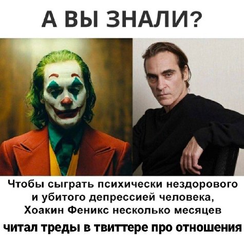 A ВЫ ЗНАЛИ? 7 а Чтобы сыграть психически нездорового и убитого депрессией человека, Хоакин Феникс несколько месяцев читал треды в твиттере про отношения