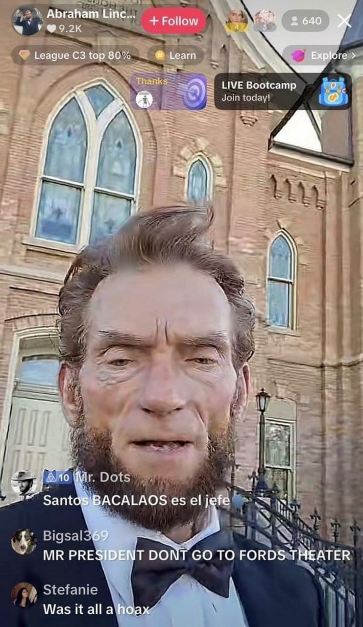 1 Abraham Linc Follow у Фо.2к 1 League top 80% Learn 1 a Thanks LIVE Bootcamp Join today! 4 Be 4 i 1.1 I be Dots Santog “i Bigsa 369%, PRESIDENT DONT TO FORDS THEATER Stefanie Was it all a hoax