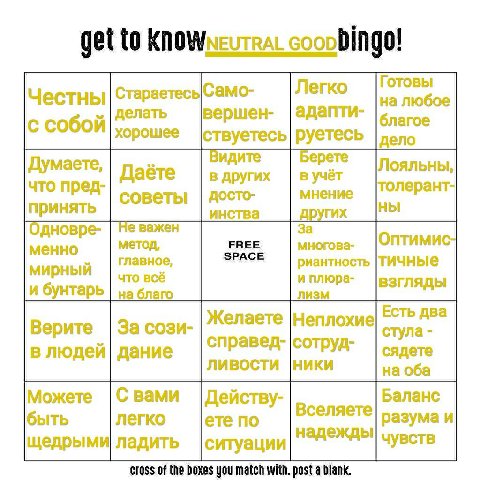 get to Готовы СтараетесьСамо- Легко Честны на любое делать вершен- адапти- гое с собой хорошее ствуетесь |дело Думаете, Видите Берете Лояльны, Даёте в других в учёт что пред- советы досто- мнение толе