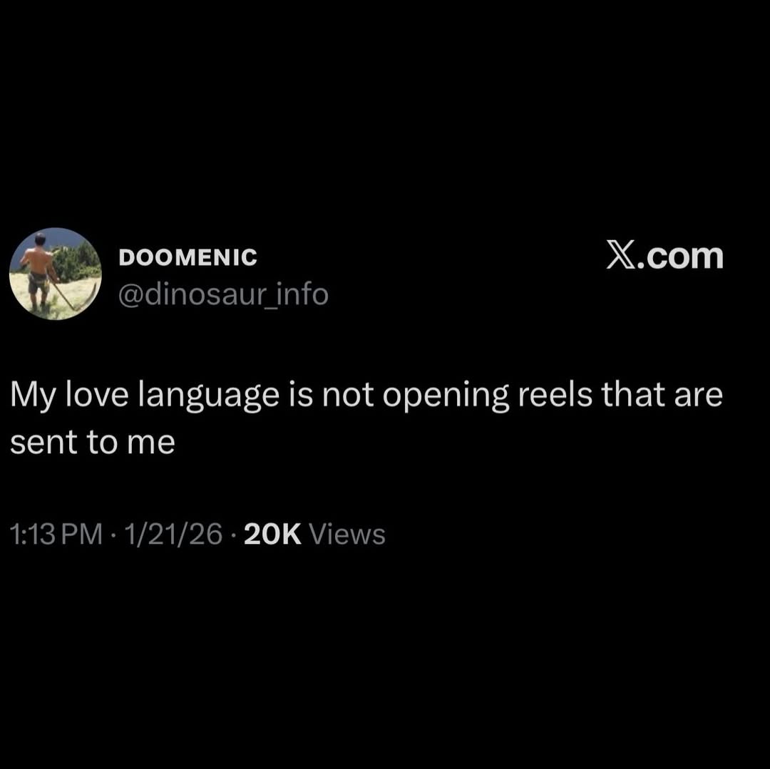 DOOMENIC Х.сот @Чтозаиг info My love language is not opening reels that are sent to me 1:13 1/21/26 Views