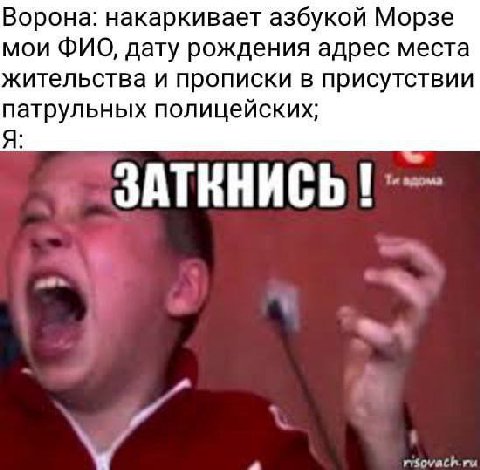 Ворона: накаркивает азбукой Морзе мои ФИО, дату рождения адрес места жительства и прописки в присутствии патрульных полицейских; Я: ЗАТКНИСЬ \7 A
