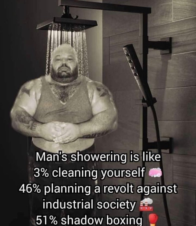 Man's showering is like 3% cleaning yourself 46% planning a revolt against industrial society 51% shadow Бохта
