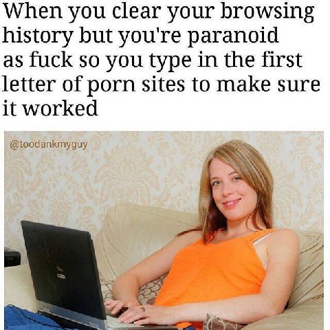 When you clear your browsing history but you're paranoid as fuck so you type in the first letter of porn sites to make sure it worked @toodankmyguy