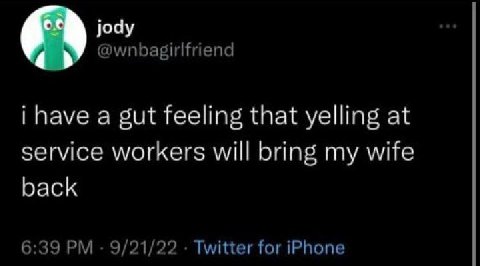 jody @wnbagirlfriend i have a gut feeling that yelling at service workers will bring my wife back 6:39 9/21/22 Twitter for iPhone