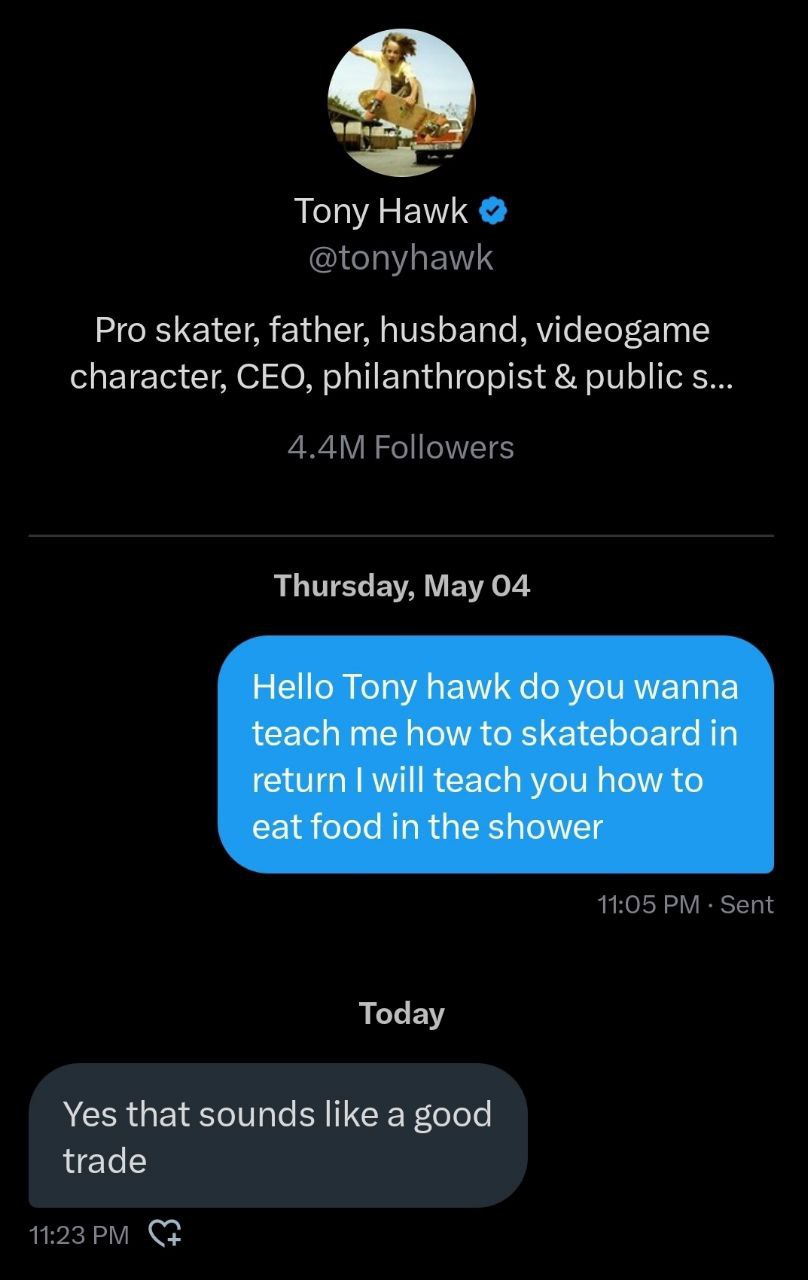 Топу Hawk Pro skater, father, husband, videogame character, CEO, philanthropist public Thursday, Мау 04 Hello Tony hawk you wanna teach me how to skateboard in return will teach you how to eat food in