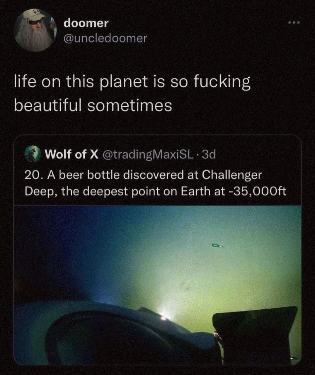 doomer @uncledoomer life on this planet is so fucking beautiful sometimes 3 Wolf of @tradingMaxiSL 20. A beer bottle discovered at Challenger Deep, the deepest point on Earth at