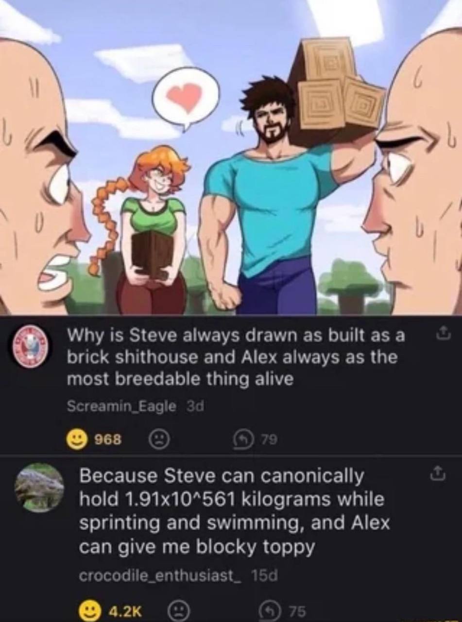 Why is Steve always drawn as built as a brick shithouse and Alex always as the most breedable thing alive Because Steve can canonically hold kilograms while sprinting and swimming, and Alex can give m
