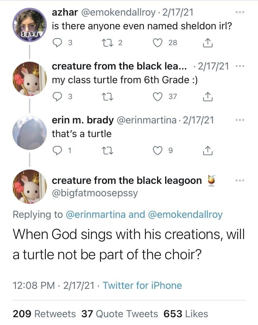 azhar @emokendallroy 2/17/21 is there anyone even named sheldon irl? 3 28 creature from the black lea... 2/17/21 my class turtle from Grade brady @erinmartina 2/17/21 that's a turtle 1 2 Я creature fr