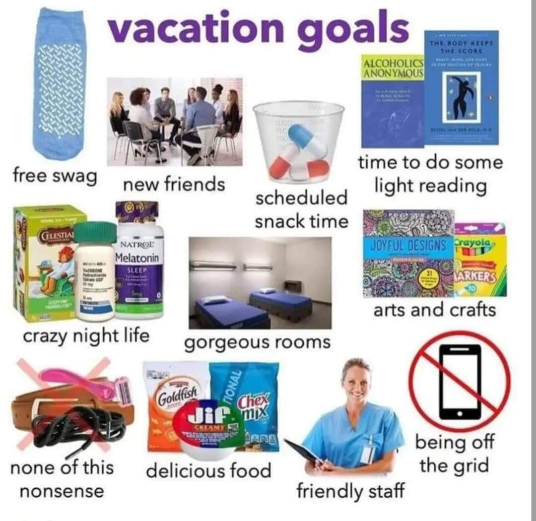 vacation goals Я 4 AND тео some ree swag new friends light reading scheduled snack time arts and crafts crazy nightlife gorgeous rooms off попе ofthis food the grid nonsense friendly staff