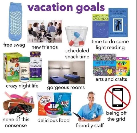 vacation goals Я 4 AND тео some ree swag new friends light reading scheduled snack time arts and crafts crazy nightlife gorgeous rooms off попе ofthis food the grid nonsense friendly staff