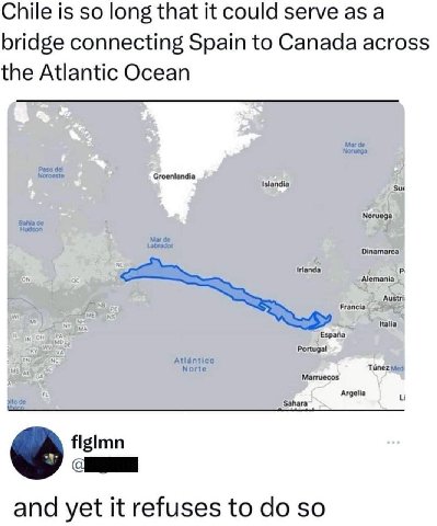Chile is so long that it could serve as а bridge connecting Spain to Canada across the Atlantic Ocean Groenlandia Islandia Suc Noruega Dinamarca Irlanda Alemania Francia Espajia Italia Portugal Atl Tu