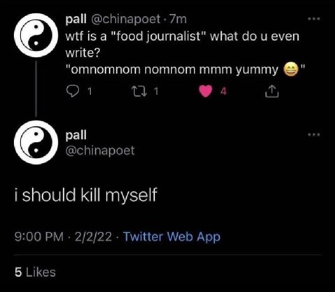 pall @chinapoet- wtf is a "food journalist" what even write? "отпотпот nomnom mmm yummy 1 1 4 pall @chinapoet i should kill myself 9:00 2/2/22 Twitter Web App 5 Likes