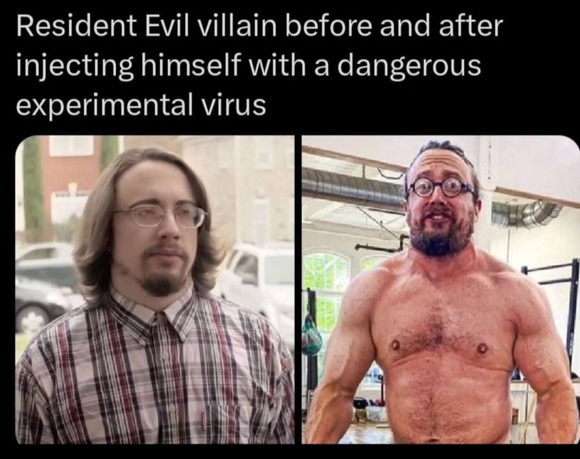 Resident Evil villain before and after injecting himself with a dangerous experimental virus