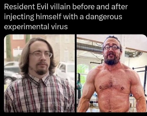 Resident Evil villain before and after injecting himself with a dangerous experimental virus