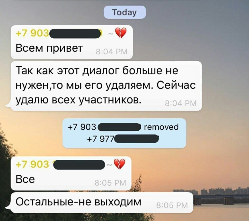 Всем привет Так как этот диалог больше не мы его удаляем. Сейчас удалю всех участников. я +7 903 removed +7 977 Bce Остальные-не выходим