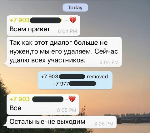Всем привет Так как этот диалог больше не мы его удаляем. Сейчас удалю всех участников. я +7 903 removed +7 977 Bce Остальные-не выходим