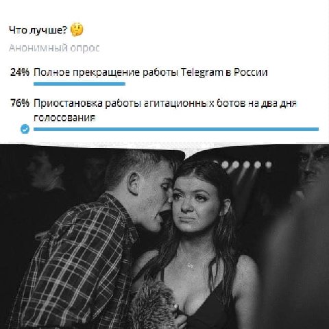Что лучше? 24% Полное прекращение работы Telegram в России 76% Приостановка работы агитационных ботов на два дня голосования