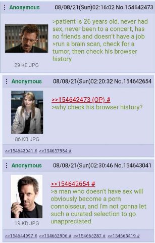 Anonymous 08/08/21(Sun)02:16:02 No.154642473 >patient is 26 years old, never had sex, never been to a concert, has no friends and doesn't have a job >run а brain scan, check for a tumor, then check hi
