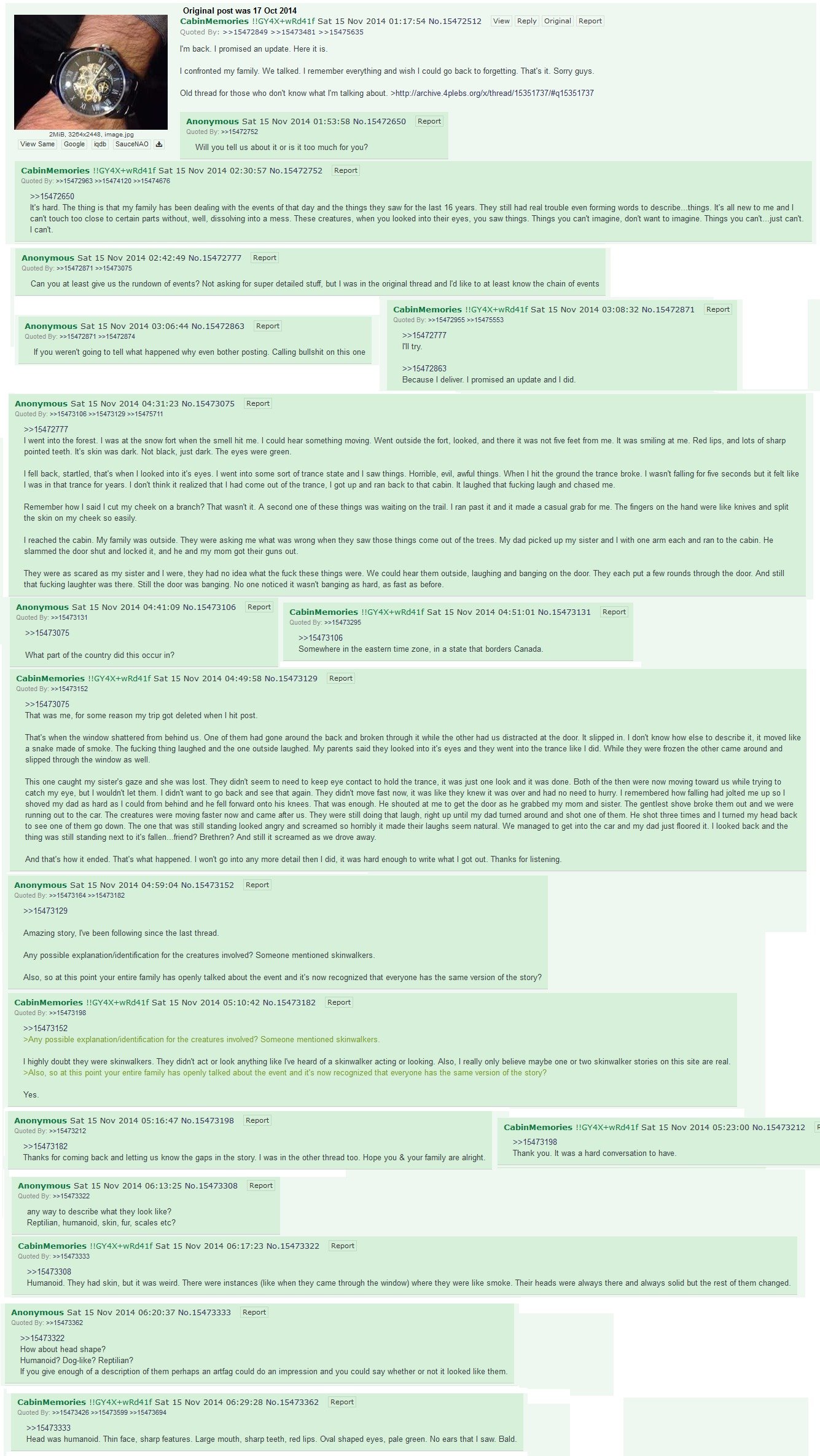 Original post was 17 Oct 2014 CabinMemories Sat 15 Nov 2014 01:17:54 No.15472512 View Веру Report Quoted >>15472849 >>15473481 >>15475635 Гол promised an update. Here it is confronted my family. We ta