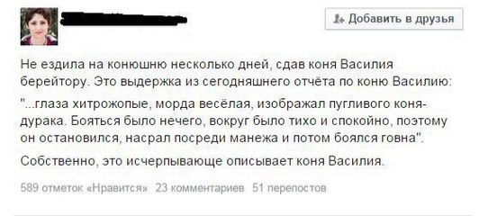 Добавить в друзья Не ездила на конюшню несколько дней, сдав коня Василия берейтору. Это выдержка из сегодняшнего отчёта по коню Василию: хитрожопые, морда весёлая, изображал пугливого коня- дурака. Бо