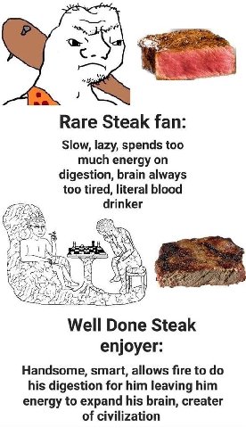 Bis Rare Steak fan: Slow, lazy, spends too much energy on digestion, brain always too tired, literal blood drinker Well Done Steak enjoyer: Handsome, smart, allows fire to his digestion for him leavin