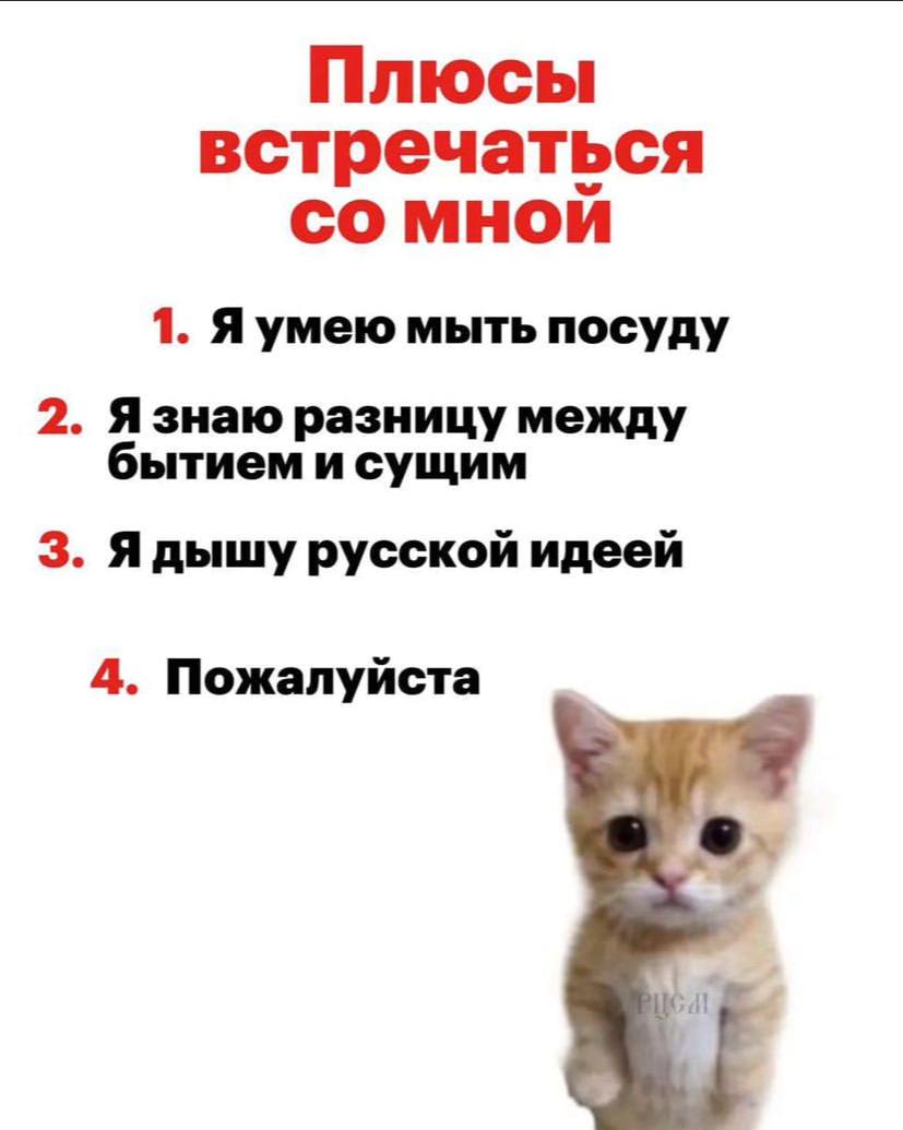Плюсы встречаться 1. Я умею мыть посуду 2. Язнаю разницу между бытием и сущим 3. Ядышу русской идеей 4. Пожалуйста И