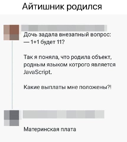 Айтишник родился a Дочь задала внезапный вопрос: 1+1 будет 11? Так я поняла, что родила объект, родным языком котрого является JavaScript. Какие выплаты мне положены?! Материнская плата