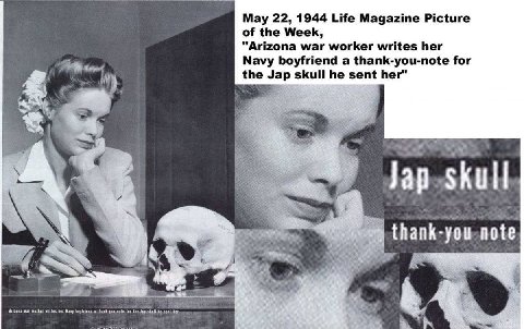 Мау 22, 1944 Life Magazine Picture of the Week, “Arizona war worker writes her Navy boyfriend a thank-you-note for the Jap skull he sent her” a a thank-you note ‘3 у у у