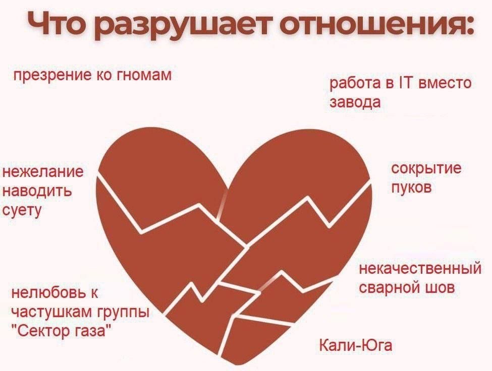 Что разрушает отношения: презрение гномам работа в IT вместо завода нежелание сокрытие наводить пуков суету некачественный нелюбовь к сварной шов частушкам группы "Сектор газа" Кали-Юга
