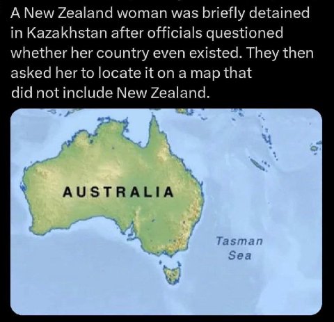 А New Zealand woman was briefly detained in Kazakhstan after officials questioned whether her country even existed. They then asked her to locate опа тар that New Zealand. у».