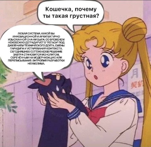 Кошечка, почему ты такая грустная? ЛЮБАЯ СИСТЕМА, КАКОЙ БЫ ИННОВАЦИОННОЙ И АРХИТЕКТУРНО Vi3bIC НЕИЗБЕЖНО ДЕГРАДИРУЕТ В “ЛЕГАСИ" ПОД КАННОЙ ОНА НИ БЫЛА, ВРЕМЕНЕМ ДАВЛЕНИЕМ ТЕХНИЧЕСКОГО ДОЛГА, СМЕНЫ ПАР