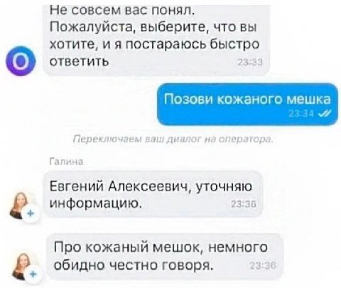 Не совсем вас понял. Пожалуйста, выберите, что вы хотите, и я постараюсь быстро ответить 23:33 Позови кожаного мешка Переключаем ваш диалог на оператор: Галина Евгений Алексеевич, уточняю информацию. 